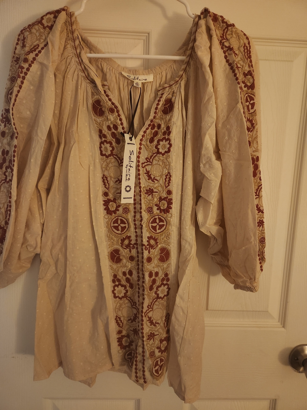 Solstice Cream Peasant Blouse with Rust Embroidery